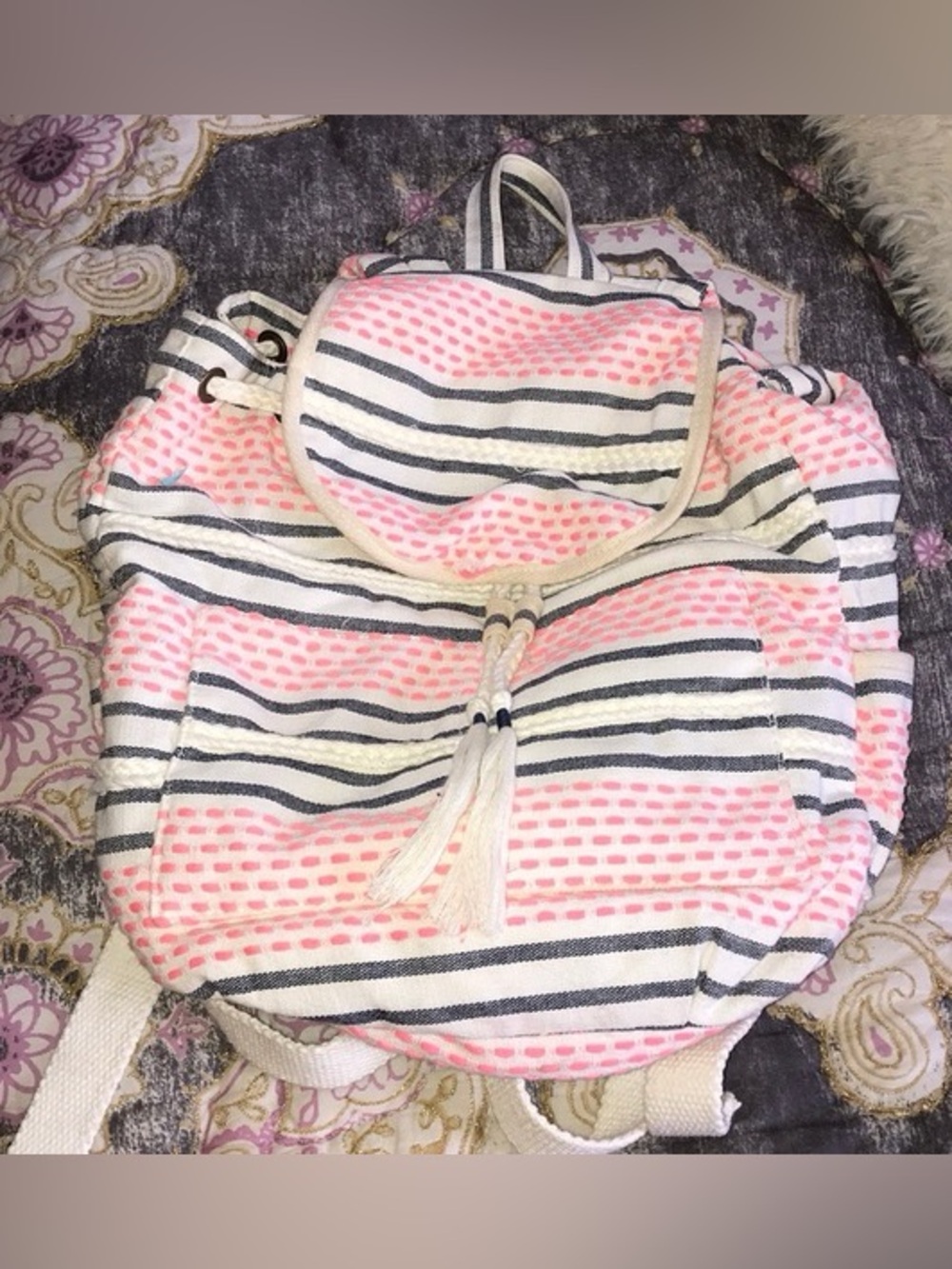 Vintage American Eagle Outfitters Striped Pink Canvas Drawstring Tassel Backpack